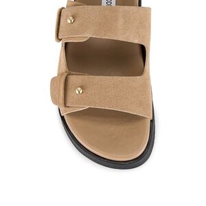 Steve Madden Tan Suede Slide Sandals with Black Sole.  Size 6